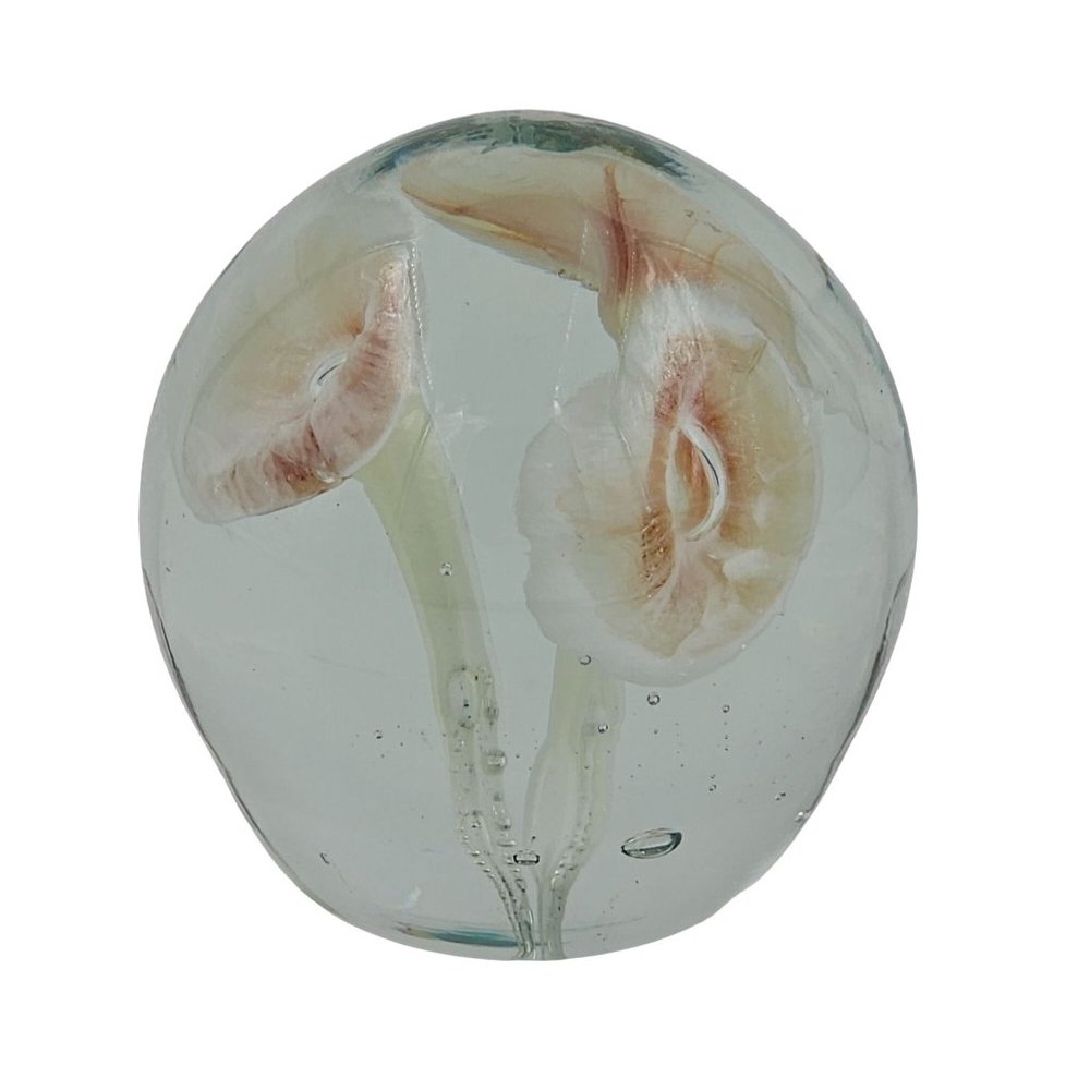 Handblown Art Glass Round Paperweight Lily Flower 22.5 oz white orange mushroom - Picture 4 of 8